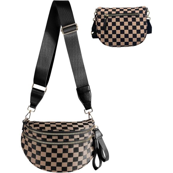 Checkered Nylon Crossbody Bag for Women Large Fanny Pack with Multiple Compartme - Picture 1 of 6